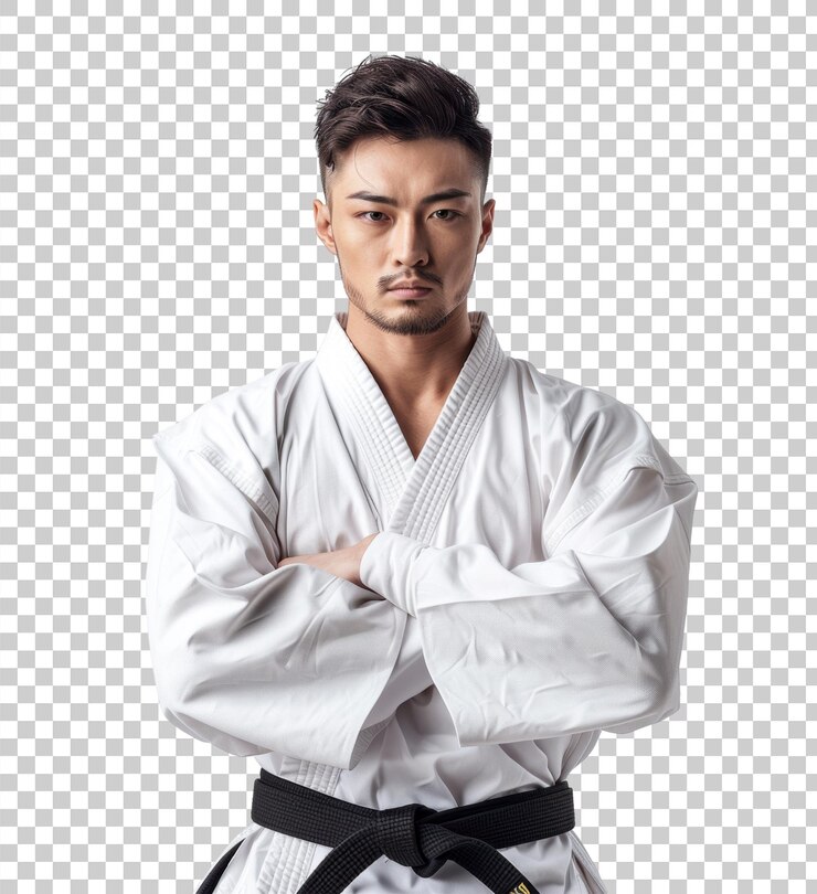 PSD joven en uniforme de karate con los brazos cruzados aislado en un fondo transparente