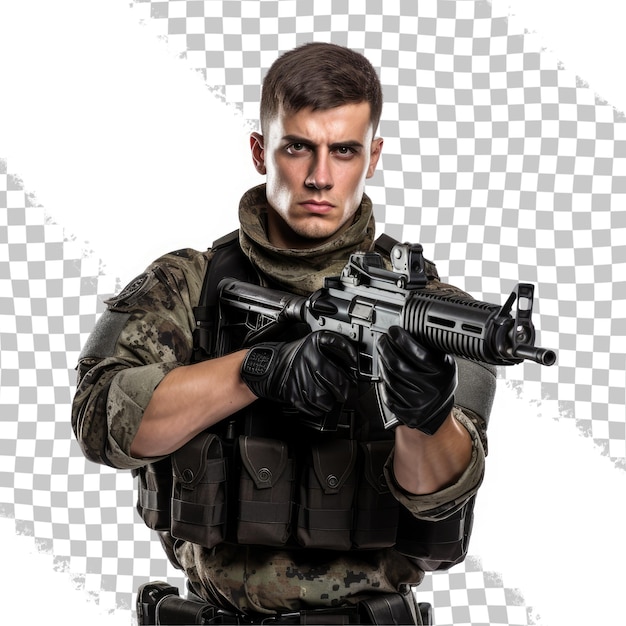 Joven en uniforme militar sosteniendo un arma aislado en transparente