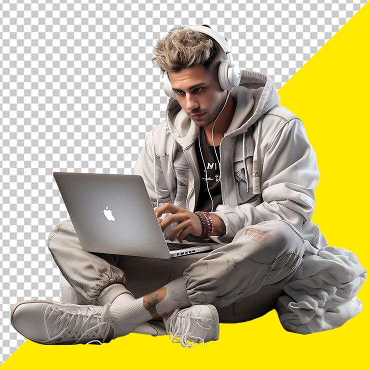 PSD joven usando una computadora portátil aislada en un fondo transparente blanco