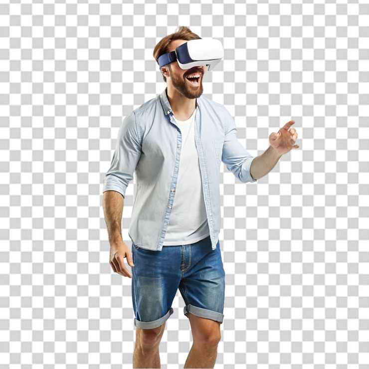 PSD joven usando gafas de realidad virtual tiro de cuerpo completo