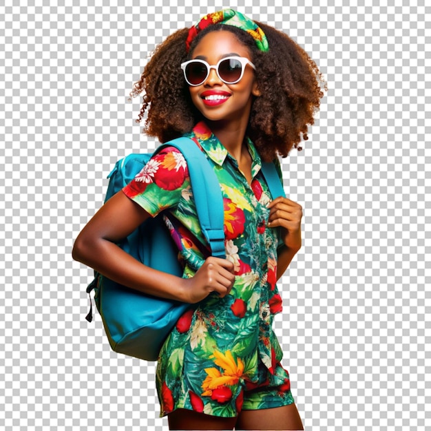 PSD joven viajera mujer negra con gafas de sol y bolsa de picnic