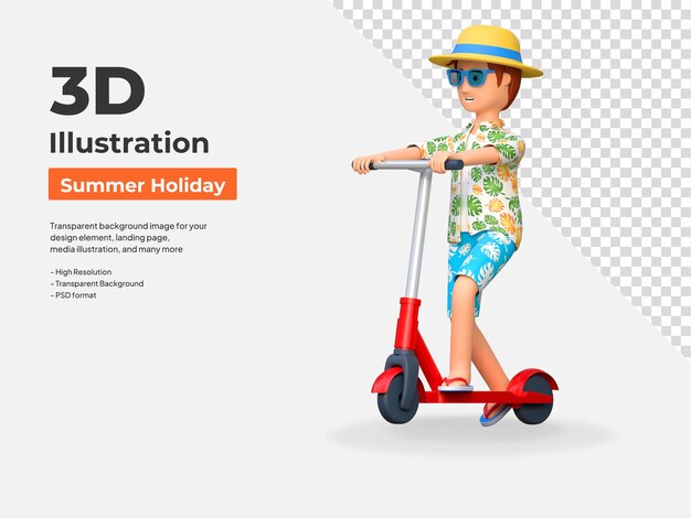 PSD joven viajero montando bicicleta scooter en vacaciones de verano ilustración de personaje de dibujos animados en 3d