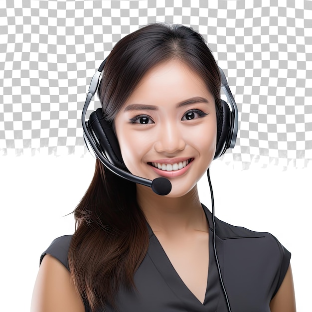 Jóvenes trabajando y tecnología retrato de una mujer asiática feliz trabajando como operadora de un centro de llamadas con auriculares representante de la línea de ayuda sonriendo aislado en un fondo transparente