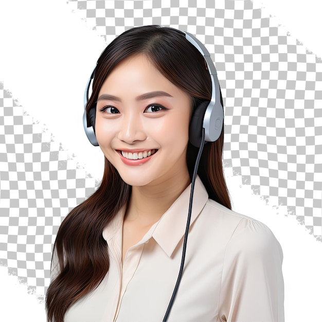 Jóvenes trabajando y tecnología retrato de una mujer asiática feliz trabajando como operadora de un centro de llamadas con auriculares representante de la línea de ayuda sonriendo aislado en un fondo transparente