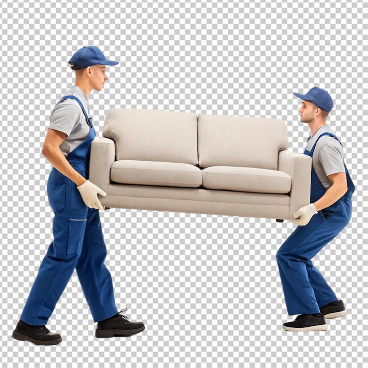 PSD jovens trabalhadores carregando sofá isolado png