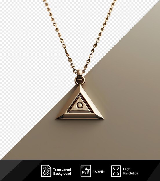 PSD joyería de delantal masónica con un pendiente triángulo triángulo exhibido en una pared blanca con una cadena de plata y un triangle triangular en el fondo png