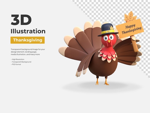 Joyeuse dinde de thanksgiving tenant une illustration d'icône 3d de planche de bois