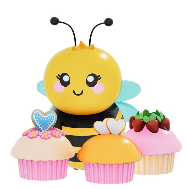 PSD joyeuse fête des mères maman et bébé abeille avec des mini cupcakes rendering 3d