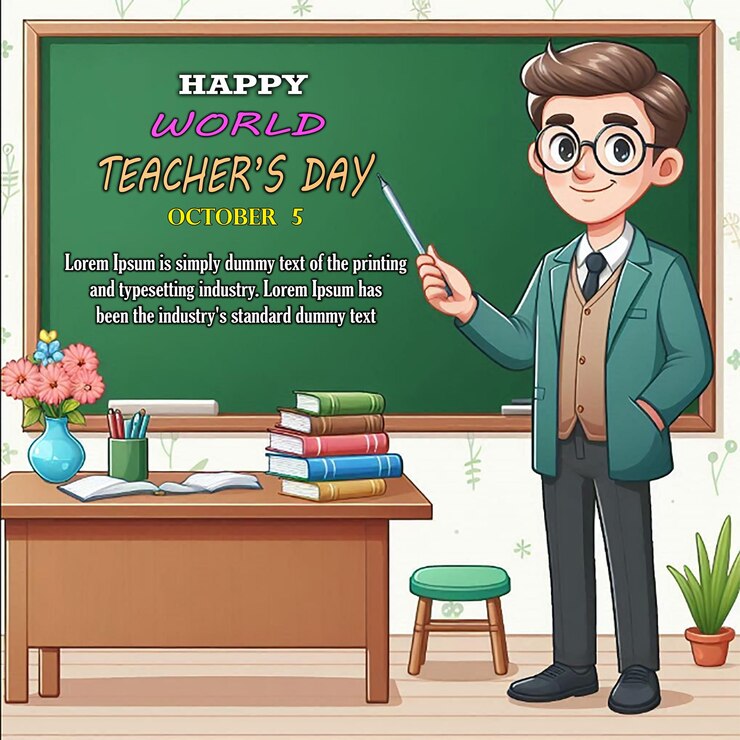 PSD joyeuse journée mondiale des enseignants illustration de dessin animé pour affiche de carte de vœux et bannière psd jpg