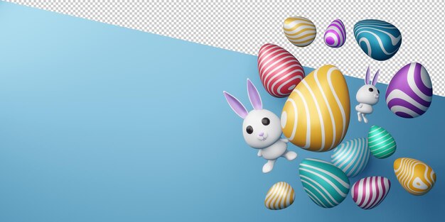 Joyeuses Pâques avec lapin mignon et oeufs colorés en rendu 3d