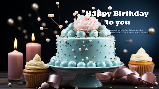 PSD joyeux anniversaire à vous arrière-plan avec des ballons confetti chapeau d'anniversaire et gâteau d'année en bleu