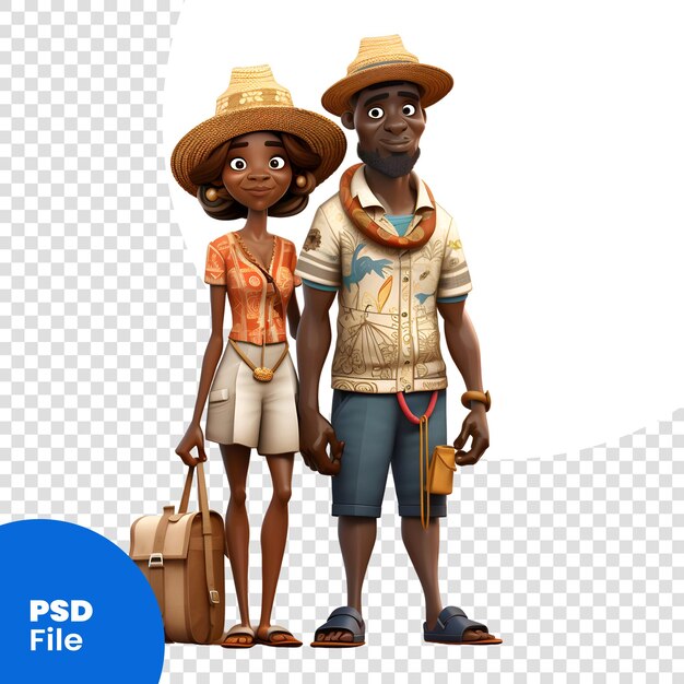 Joyeux couple afro-américain en vêtements d'été et chapeau avec un modèle PSD de valise