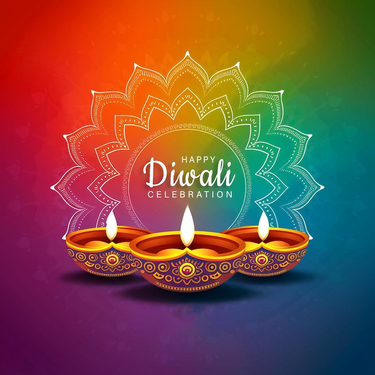 PSD joyeux deepavali avec des décorations lumineuses dans un fond coloré
