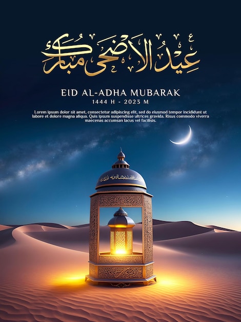 PSD joyeux eid al adha affiche avec lanterne et désert la nuit en arrière-plan