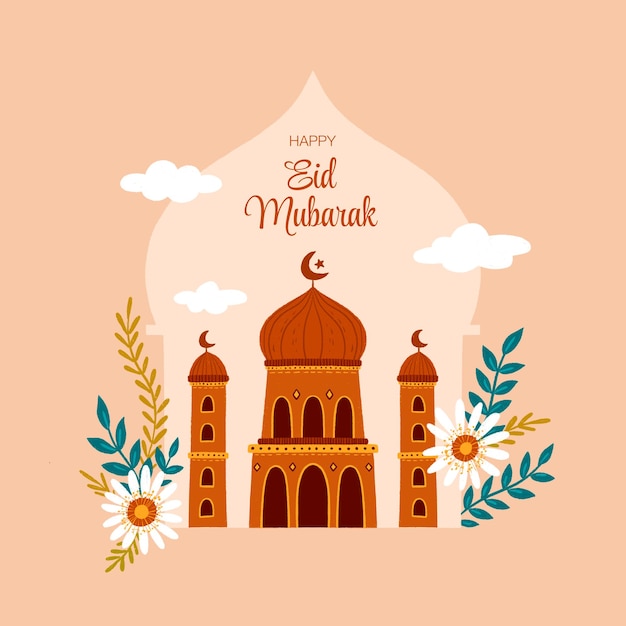 Joyeux eid mubarak avec mosquée et illustration florale