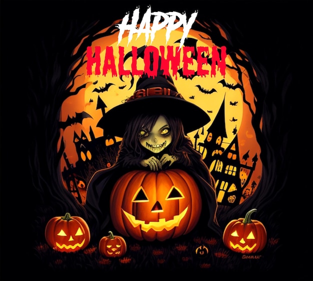 PSD un joyeux halloween avec des citrouilles et un chapeau de sorcière fond effrayant d'art gothique avec fichier psd de lune