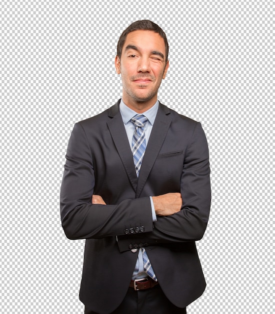 Joyeux homme d'affaires clignant de l'œil