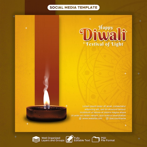 PSD joyeux jour de diwali, fête de la lumière avec un fond jaune et une bougie