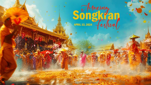 PSD joyeux jour de l'eau de songkran en thaïlande illustration de bannière avec pagode