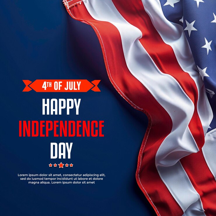 PSD joyeux jour de l'indépendance modèle de message sur les médias sociaux avec drapeau des états-unis sur fond bleu