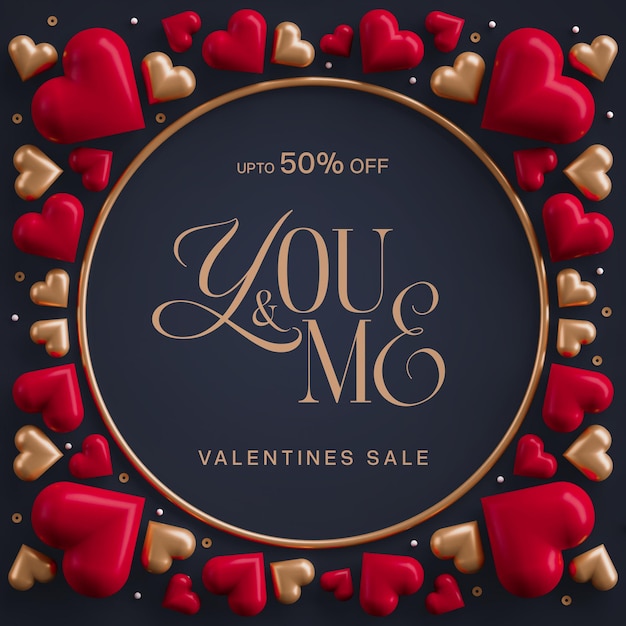 Joyeux jour de la Saint-Valentin avec des cœurs 3D Modèle de conception de message pour les médias sociaux