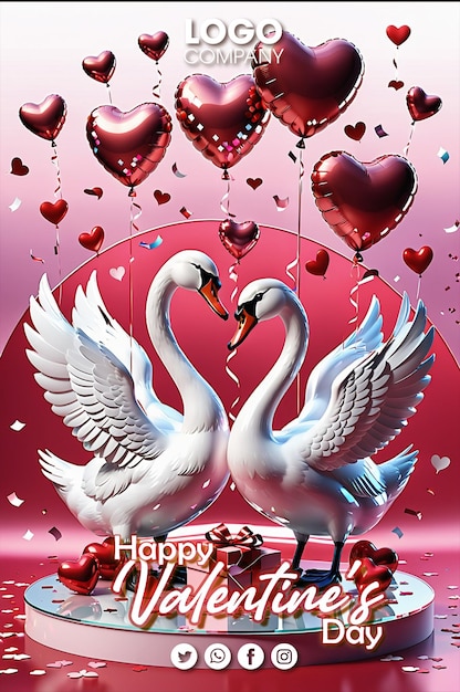 PSD joyeux jour de la saint-valentin poster deux cygnes faisant un cœur