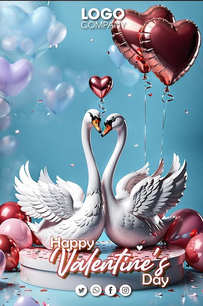 PSD joyeux jour de la saint-valentin poster deux cygnes faisant un cœur