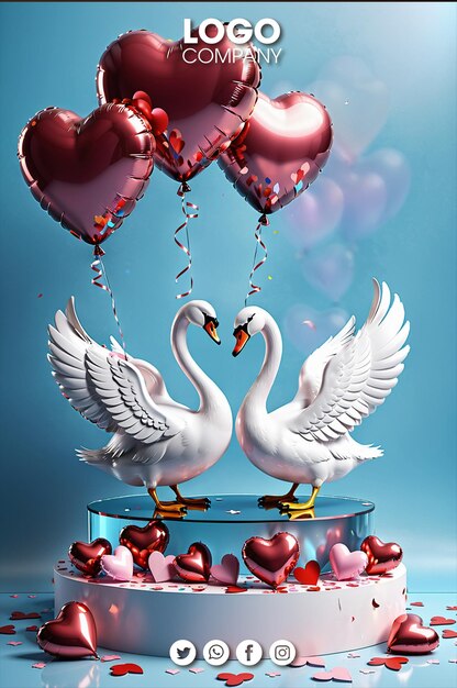 PSD joyeux jour de la saint-valentin poster deux cygnes faisant un cœur