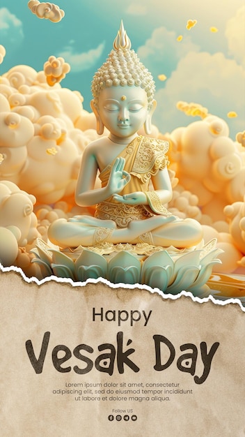 PSD joyeux jour de vesak médias sociaux post modèle avec le bouddha thaï l'attitude de la méditation palme face o