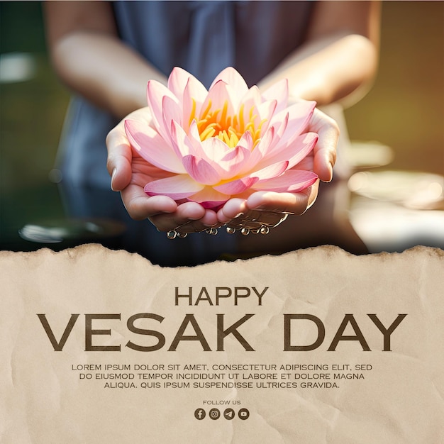 PSD joyeux jour de vesak modèle de message sur les réseaux sociaux avec lotus ou lis d'eau à la main