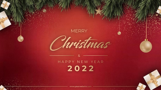 Joyeux Noël Et Bonne Année 2022 Bannière De Vente Avec Des Cadeaux D'ampli Fond Rouge