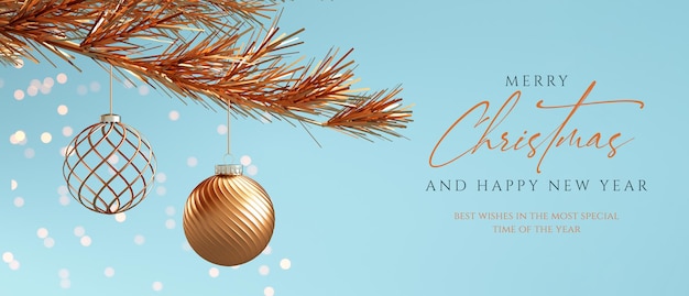 Joyeux Noël et bonne année arrière-plan flyer élégant avec boules suspendues et texte en rendu 3D