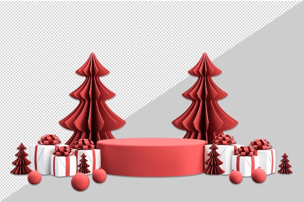 Joyeux noël et bonne année avec des coffrets cadeaux ouverts en 3d sur le podium et des ornements de noël