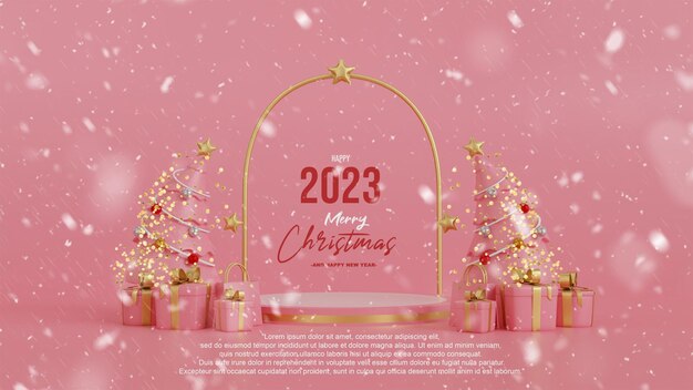 Joyeux Noël Et Bonne Année Avec Des Coffrets Cadeaux Ouverts En 3d Sur Le Podium Et Des Ornements De Noël