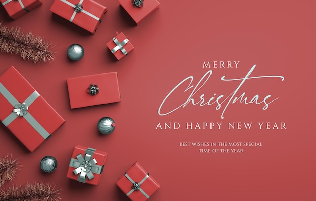Joyeux Noël Et Bonne Année Flyer Design Moderne Avec Des Boules De Cadeaux Et Du Texte En Rendu 3d