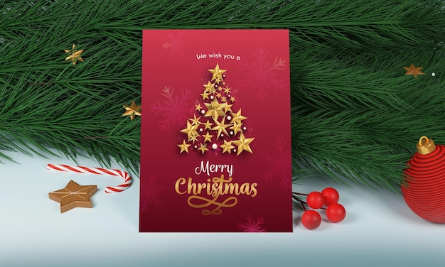 Joyeux Noël Carte De Voeux Avec Arbre De Noël Fait Par 3d Golden Stars Bauble Candy Cane Baies Et Feuilles De Sapin Sur Fond Bleu