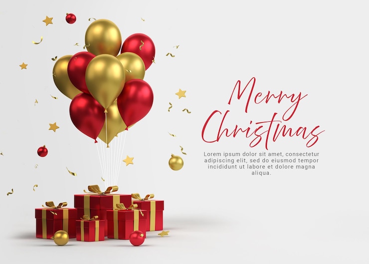 PSD joyeux noël rendu 3d ballons et coffrets cadeaux avec des confettis