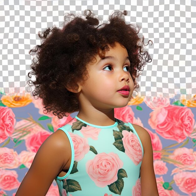 Joyful uralic toddler kinky haired pool ready over the shoulder pose on pastel rose background