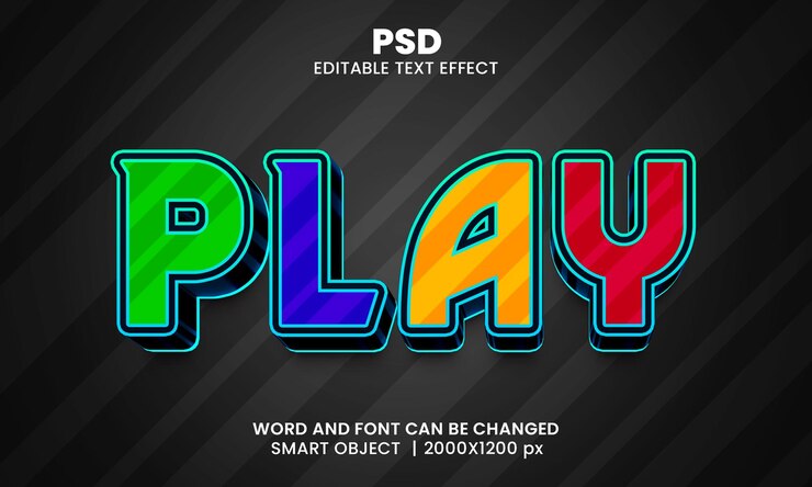 PSD juega colorido efecto de texto de photoshop editable en 3d estilo con fondo