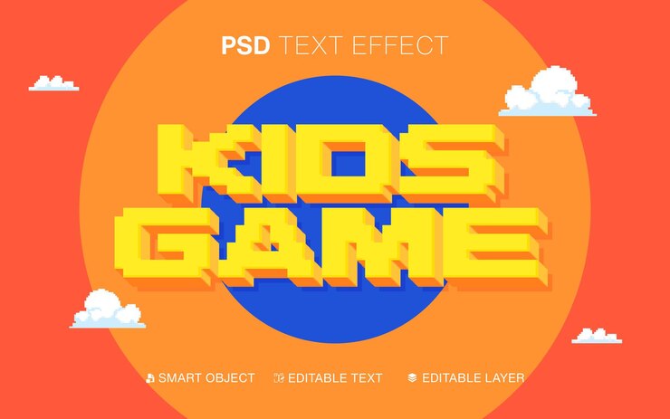 PSD juego 3d para niños con efecto de texto de 8 bits