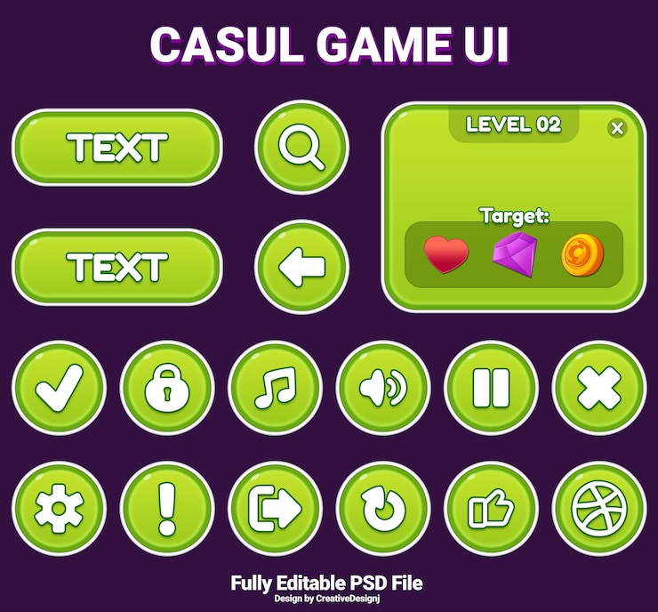 PSD juego casual ui diseño botón kit psd