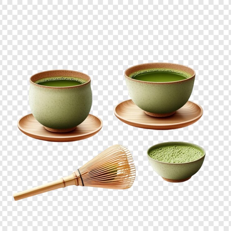 PSD el juego de la ceremonia del té matcha, las tazas de té verde, los batedores de bambú, las bandejas de madera.