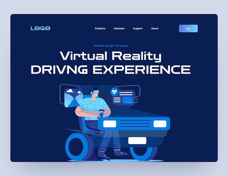 PSD juego de conducción con plantilla de sitio web de realidad virtual