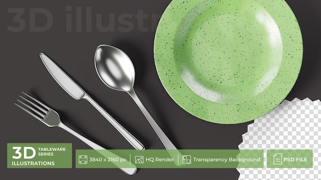 Un juego de cuchillo y tenedor de cuchara de acero se encuentra cerca de un plato verde en una superficie oscura