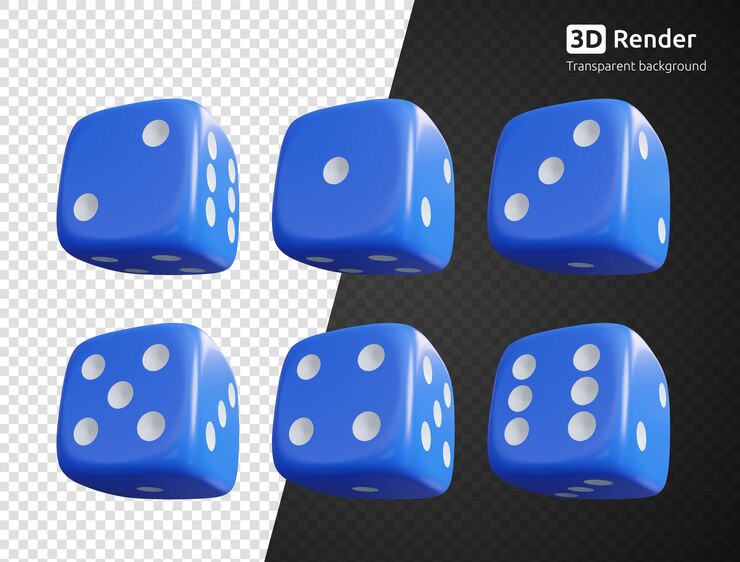 PSD un juego de dados azules con el número 1 2 3 4 5 6 3d aislado