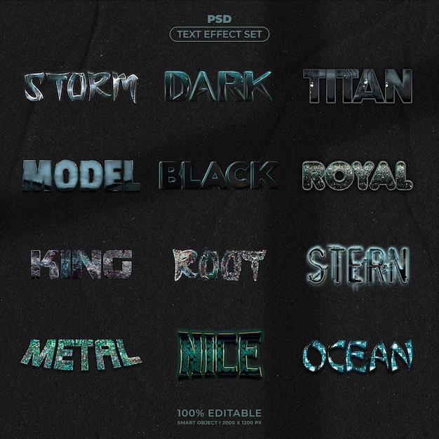 El juego de efectos de texto PSD Storm Dark Titan Model Black Royal King Root Stern Metal Nilo Océano