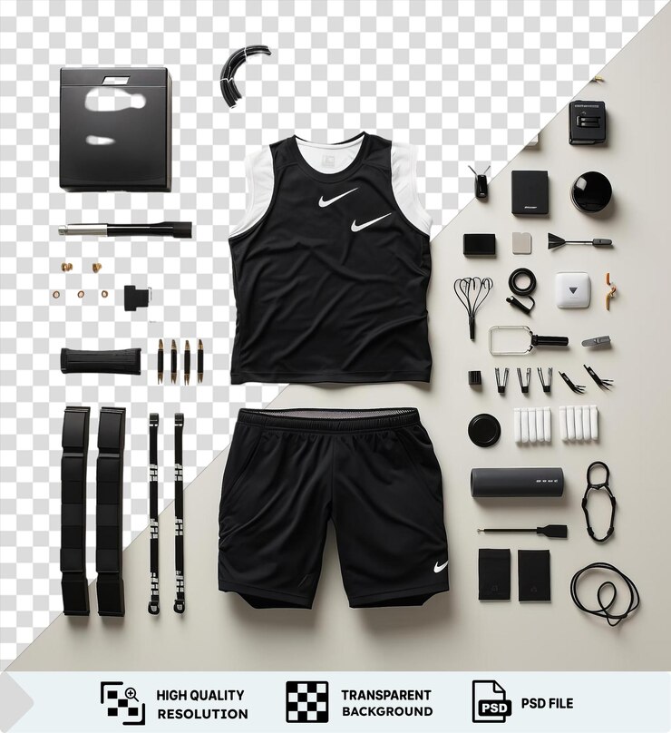 PSD juego de equipo de pista y campo de alto rendimiento transparente mostrado en un fondo transparente con gafas negras una chaqueta negra y blanca un zapato blanco y negro un bolígrafo negro y un negro