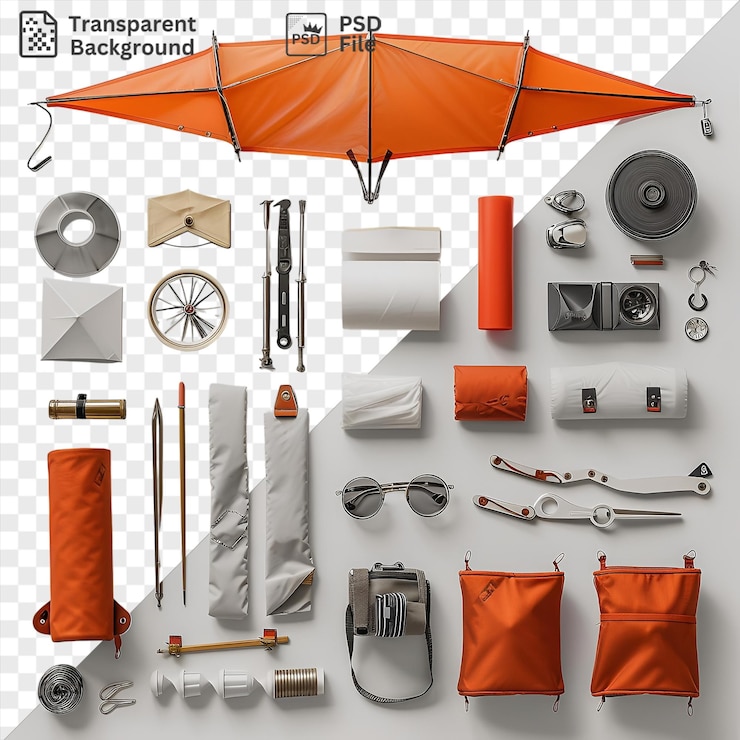 PSD juego de herramientas de fabricación y vuelo de cometas exhibido en una pared blanca que incluye un paraguas naranja, una cámara plateada y gris y una bolsa naranja