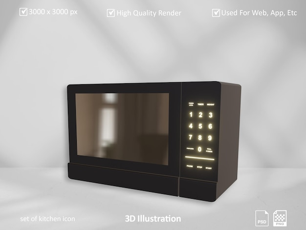 PSD juego de ilustración 3d de la máquina de microondas con icono de cocina