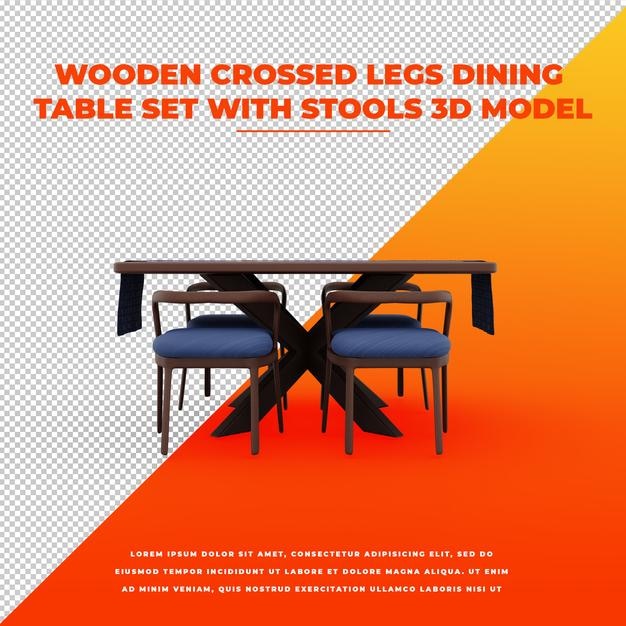 Juego de mesa de comedor de madera con patas cruzadas y taburetes